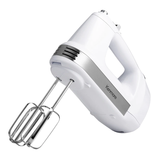 Kenmore 5-Speed Hand Mixer Beater Blender. 250 Watts. with Beaters. Dough Hooks. Liquid Blending Rod. Automatic Cord Retract. Burst Control. and Clip-On Accessory Storage