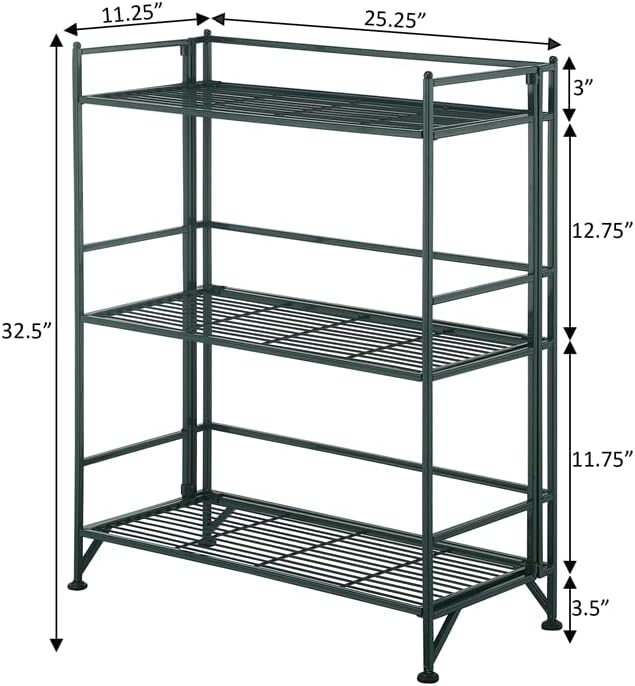 Convenience Concepts Xtra Storage Shelves - 3-Tier Wide Folding Metal Shelving. Modern Shelves for Storage and Display in Living Room. Bathroom. Office. Kitchen. Garage. Forest Green