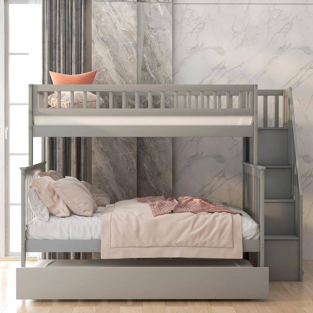Harper & Bright Designs  Gray Twin Over Full Bunk Bed with Trundle and Stairs for Kids