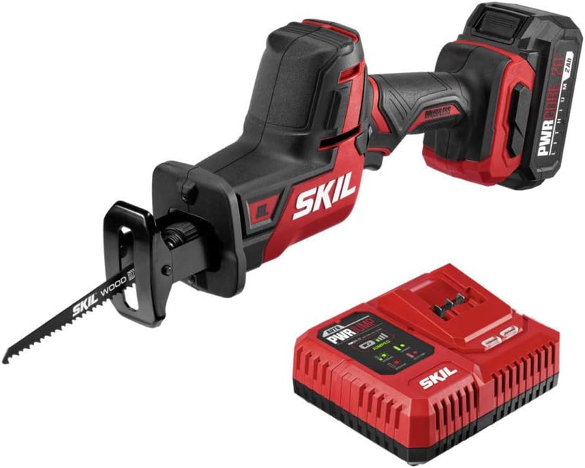 SKIL PWR CORE 20 Brushless 20V Compact Reciprocating Saw Includes 2.0Ah Lithium Battery and Auto PWR JUMP Charger - RS5825B-10