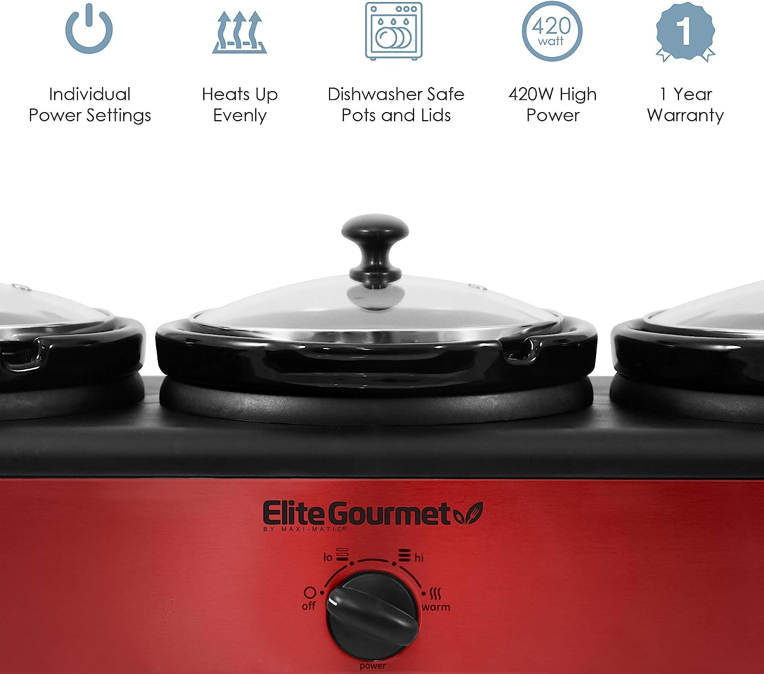 Elite Platinum EWMST-325R Maxi-Matic Triple Slow Cooker Buffet Server Adjustable Temp Dishwasher-Safe Oval Ceramic Pots. Lid Rests. 3 x 2.5 Qt Capacity. Red