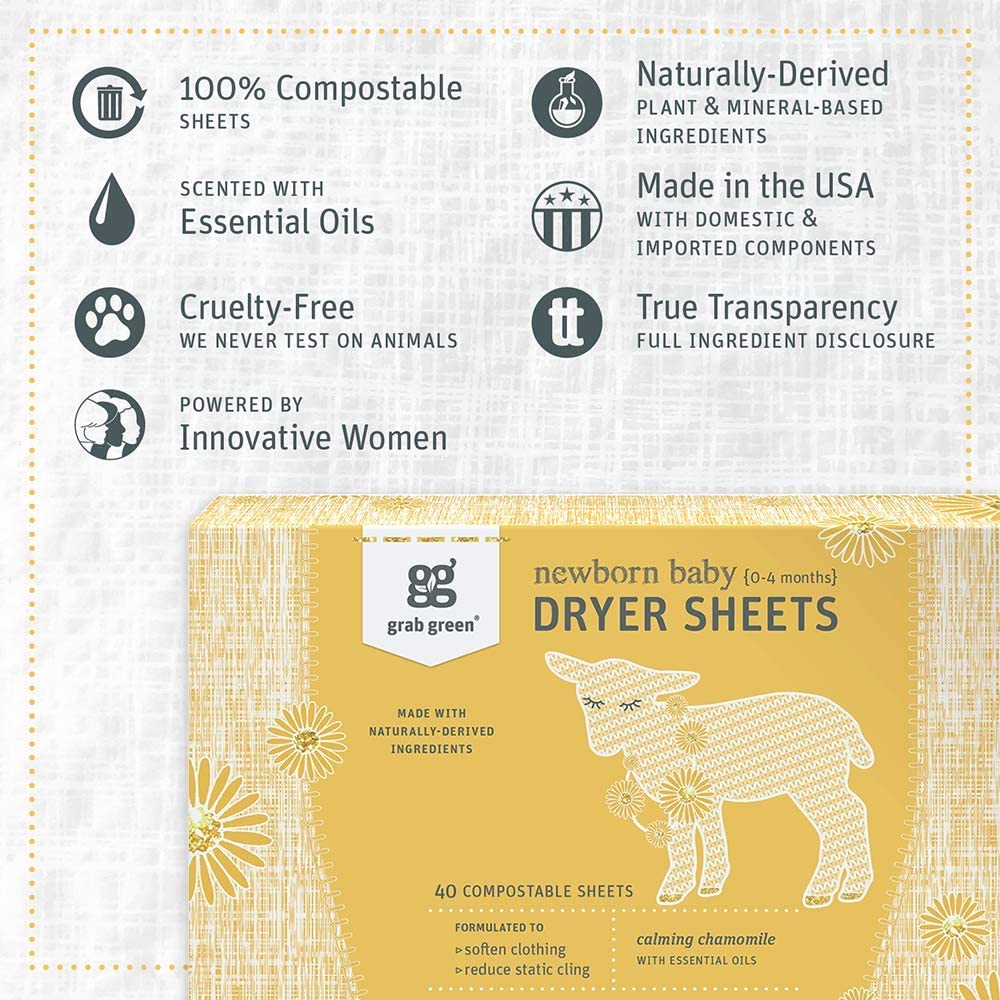 Grab Green Natural Newborn Baby Laundry Dryer Sheets. Essential Oils. 3ct