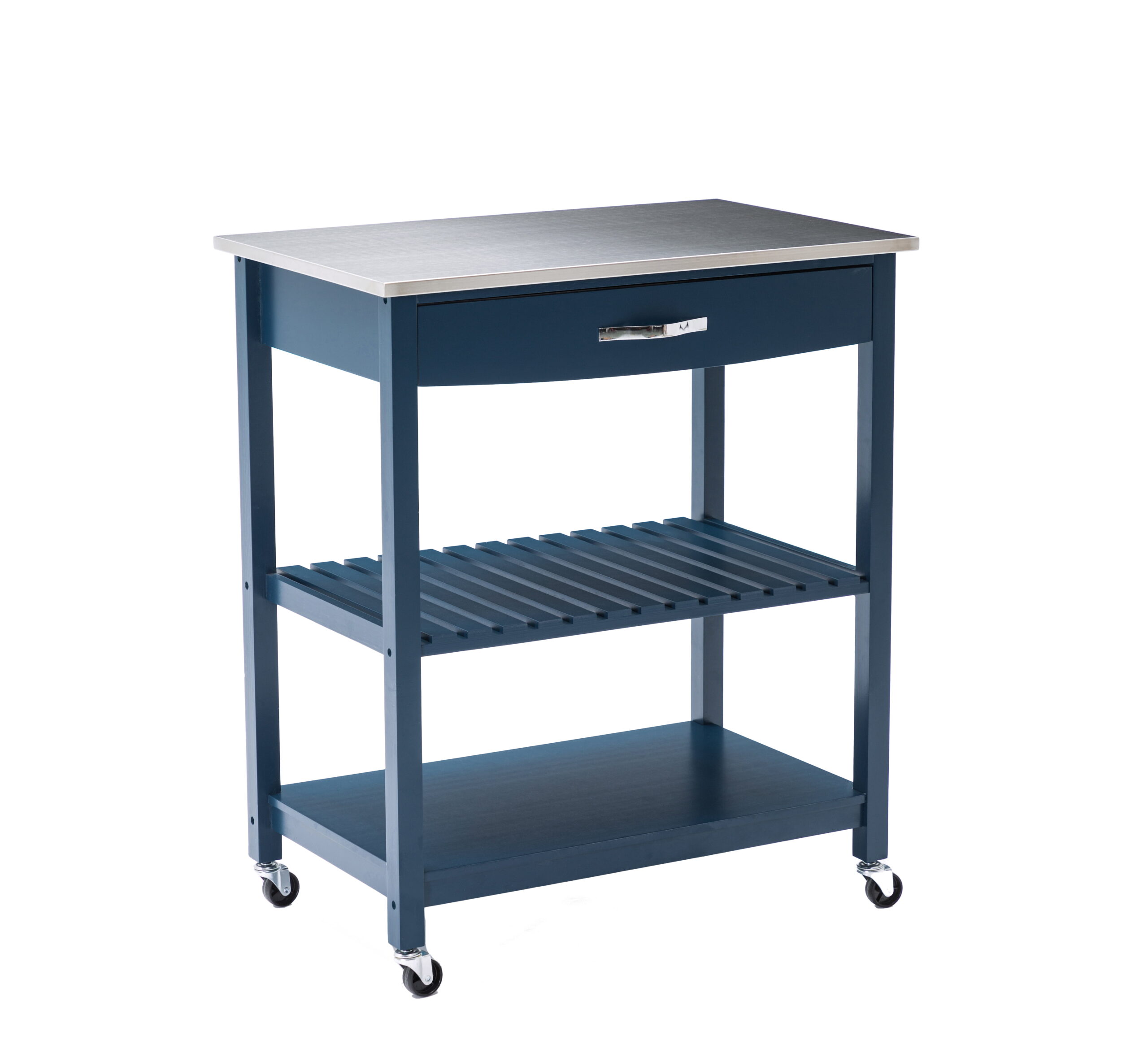 Boraam Holland Wood Kitchen Cart with Stainless Steel Top. Navy Blue Finish