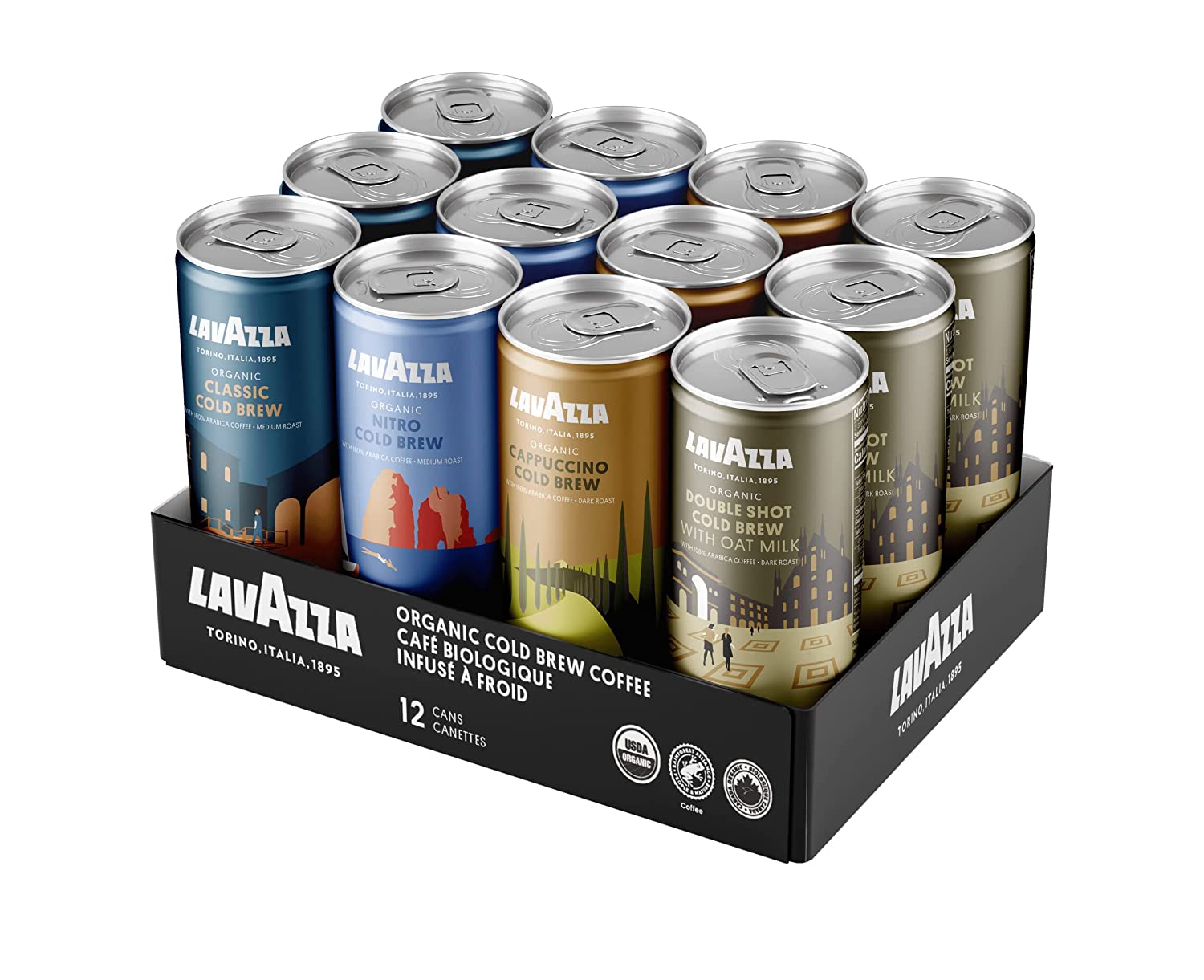 Lavazza Organic Cold Brew Coffee Variety Pack of 12 Count. Balanced. Complex. Smooth. Fruity. Sweet. Creamy. Medium and Dark Roast. 100% Arabica. USDA Organic and Rainforest Alliance Certified