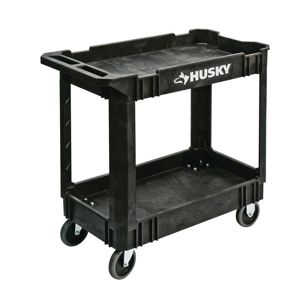 Husky 410-113-0111 2-Tier Plastic 4-Wheeled Service Cart in Black with 500 lb. Capacity