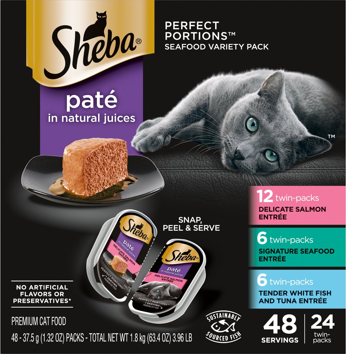 SHEBA Wet Cat Food Pate Variety Pack. Signature Seafood. Delicate Salmon and Tender Whitefish & Tuna Entrees. (24) 2.6 oz. PERFECT PORTIONS Twin-Pack Trays