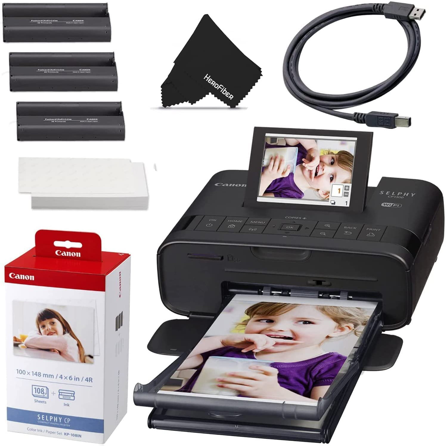 Canon SELPHY CP1300 Wireless Portable Photo Printer with Color Ink & 108 Paper Sheets Set. USB Cable & Cleaning Cloth - Inkjet Laser 4×6 Label. Air Print app. LCD Screen. 1-Year Warranty