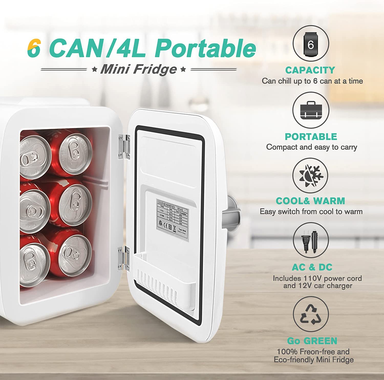 CROWNFUL Mini Fridge. 4 Liter/6 Can Portable Cooler and Warmer Personal Refrigerator for Skin Care. Cosmetics. Beverage. Food.Great for Bedroom. Office. Car. Dorm. ETL Listed (White)