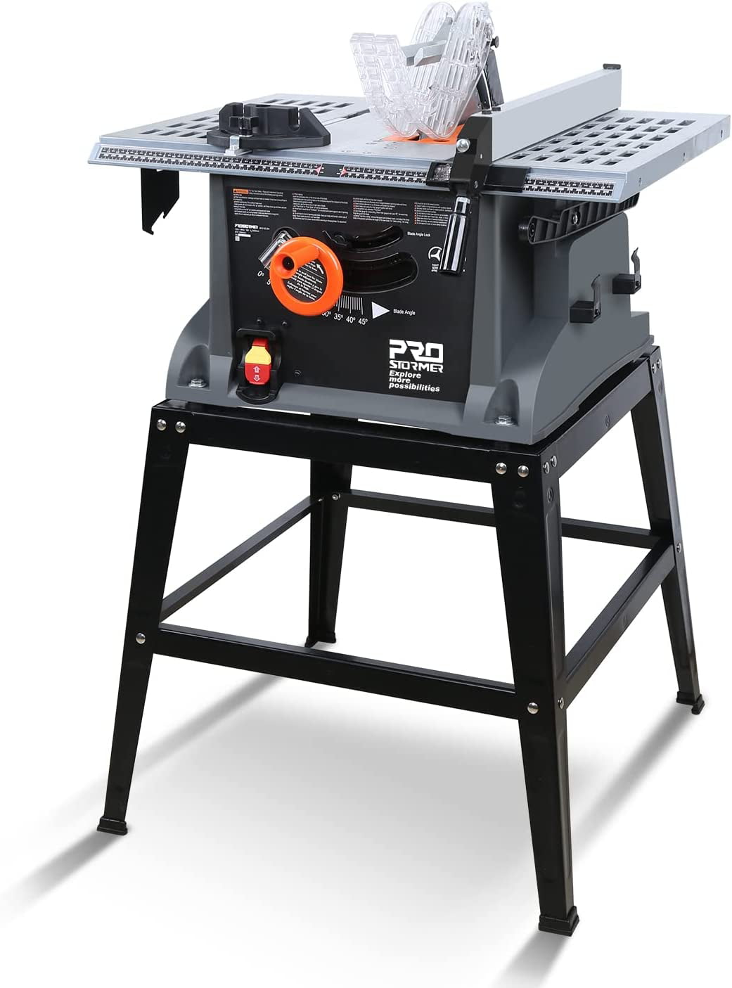 PROSTORMER Table Saw. 10 Inch 15A Multifunctional Saw with Stand 45º -90º Blade Angle and about 5000RPM No-Load Speed
