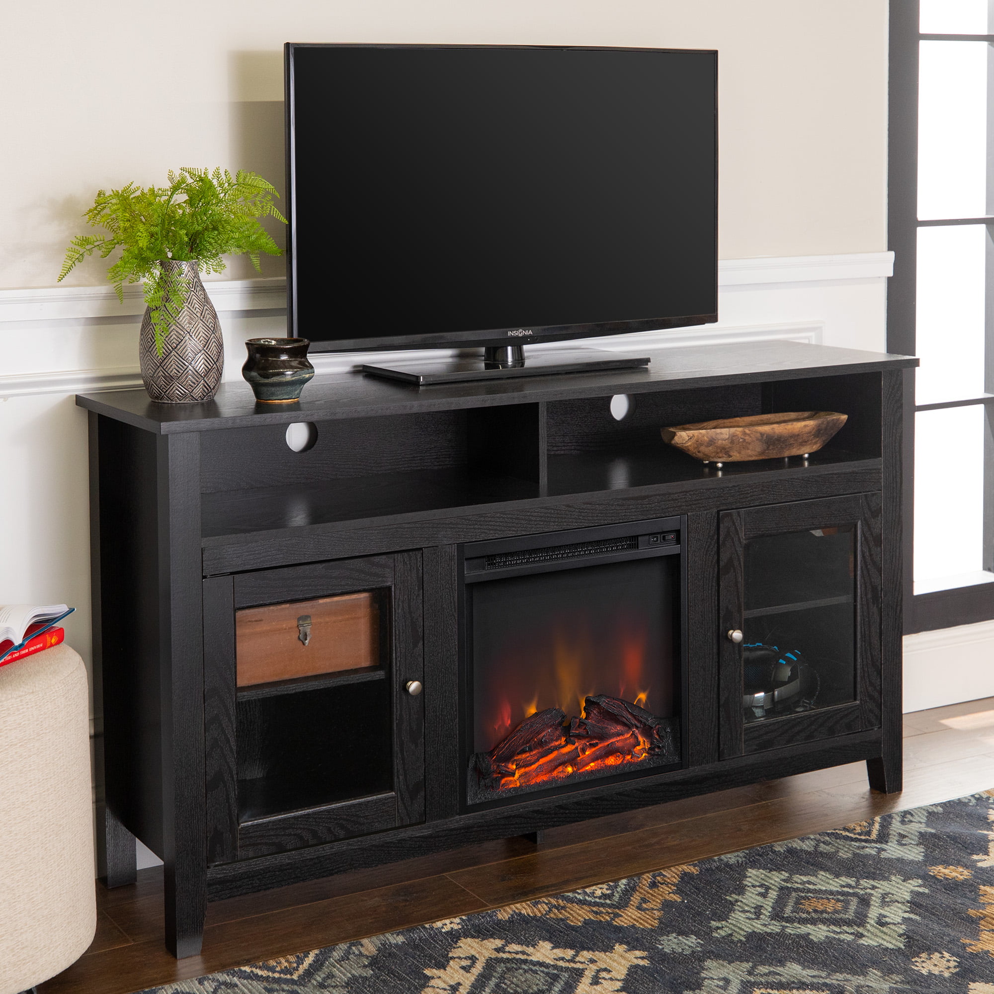 Woven Paths Highboy 2 Door Electric Fireplace TV Stand for TVs up to 65″. Black