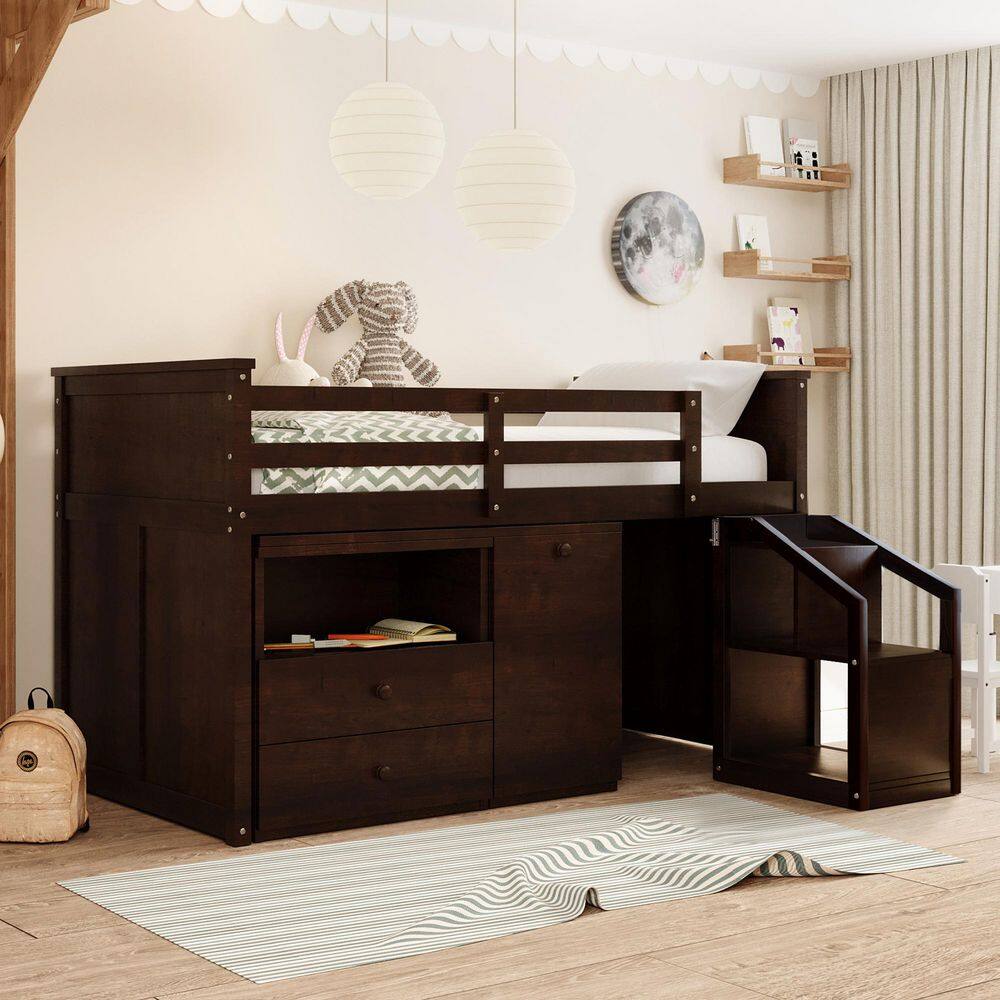 Qualler  Espresso Twin Size Loft Bed With Storage Steps and Desk