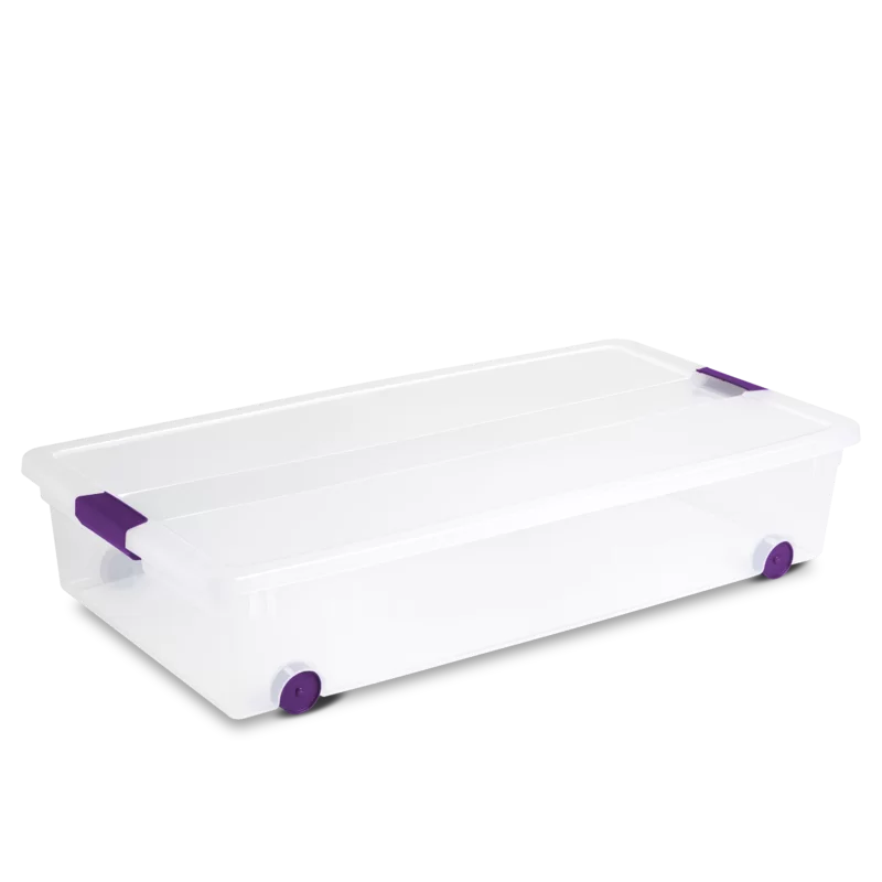 Sterilite 17611704 60 Quart/57 Liter ClearView Latch Wheeled Underbed Box. Clear Lid and Base with Sweet Plum Latches and Wheels. 4-Pack