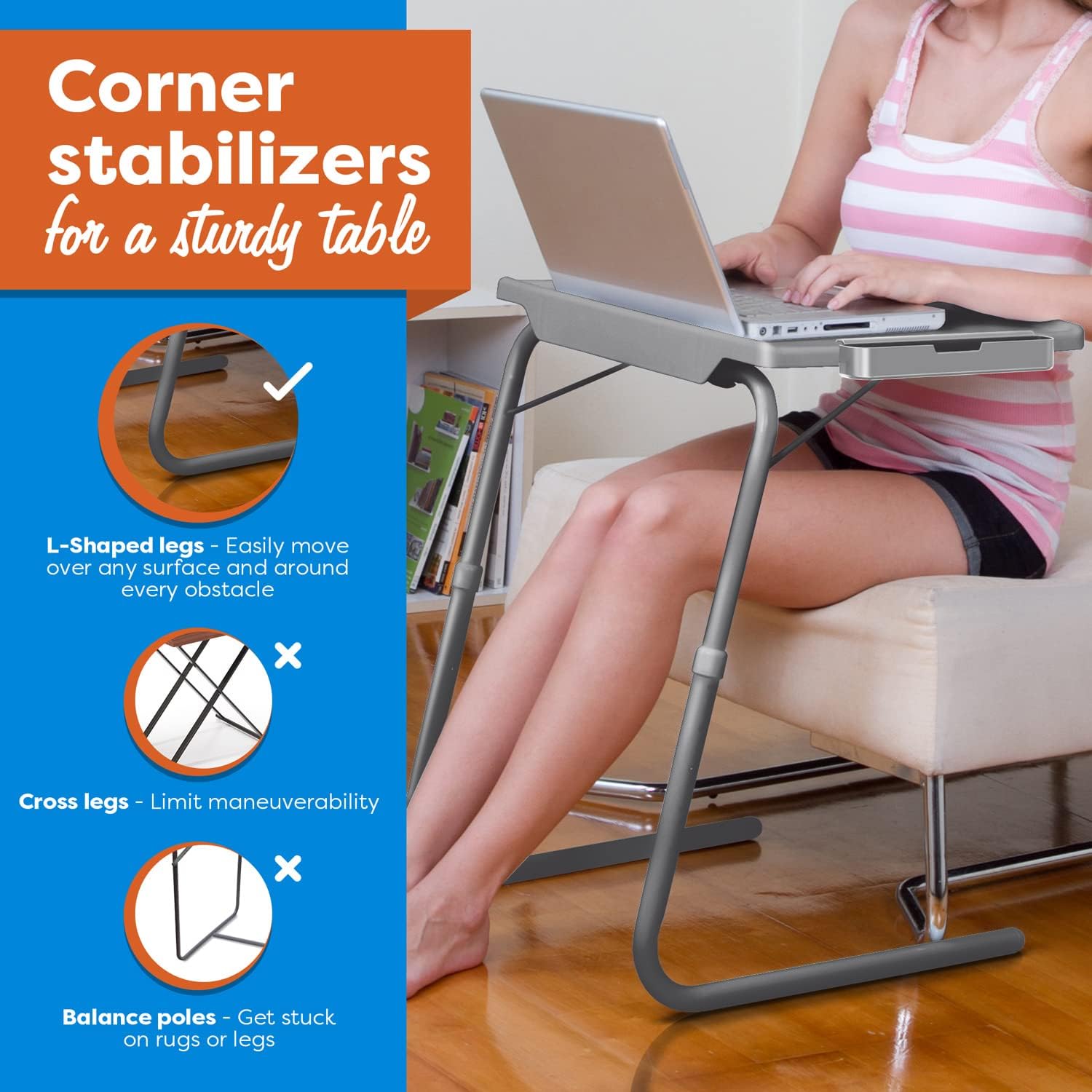 Table-Mate XL PRO TV Table Tray - Portable Adjustable Folding Trays for Eating or Work Laptop. Slate Gray