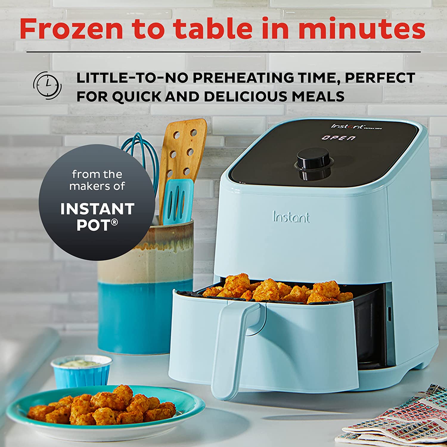 Instant Vortex 4-in-1. 2-QT Mini Air Fryer Oven Combo. From the Makers of Instant Pot with Customizable Smart Cooking Programs. Nonstick and Dishwasher-Safe Basket. App with over 100 Recipes. Aqua