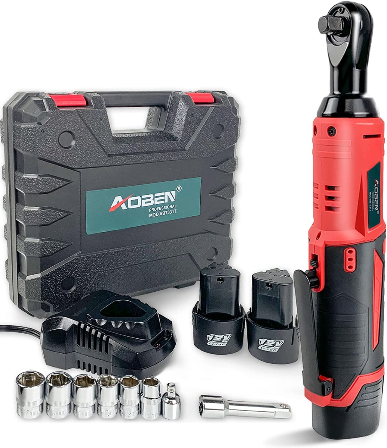 AOBEN Cordless Electric Ratchet Wrench Set. 3/8″ 12V Power Ratchet Tool Kit With 2 Packs 2000mAh Lithium-Ion Battery And Charger