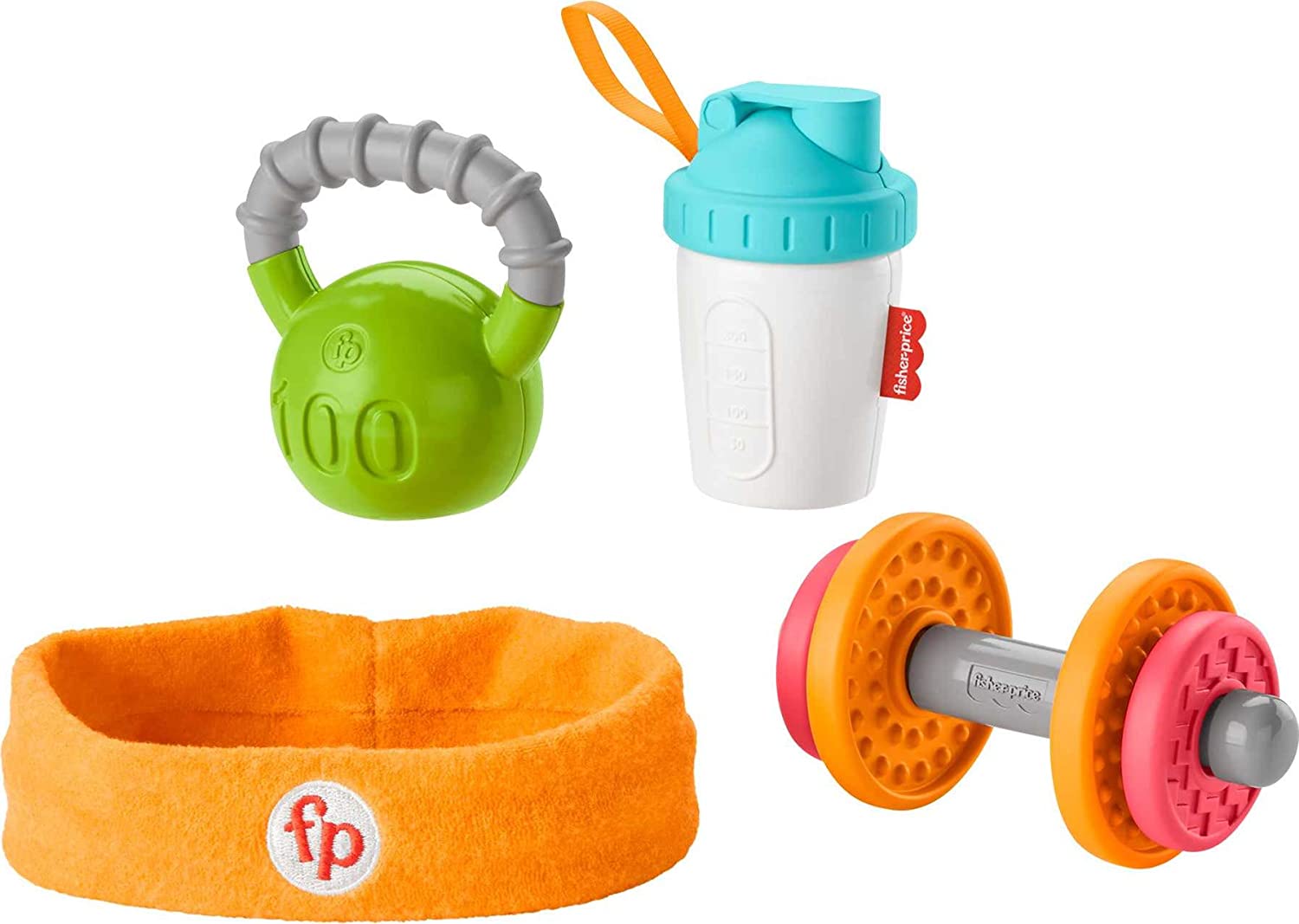 Fisher-Price Baby Biceps Gift Set. 4 Fitness Themed Baby Toys with Wearable Bib