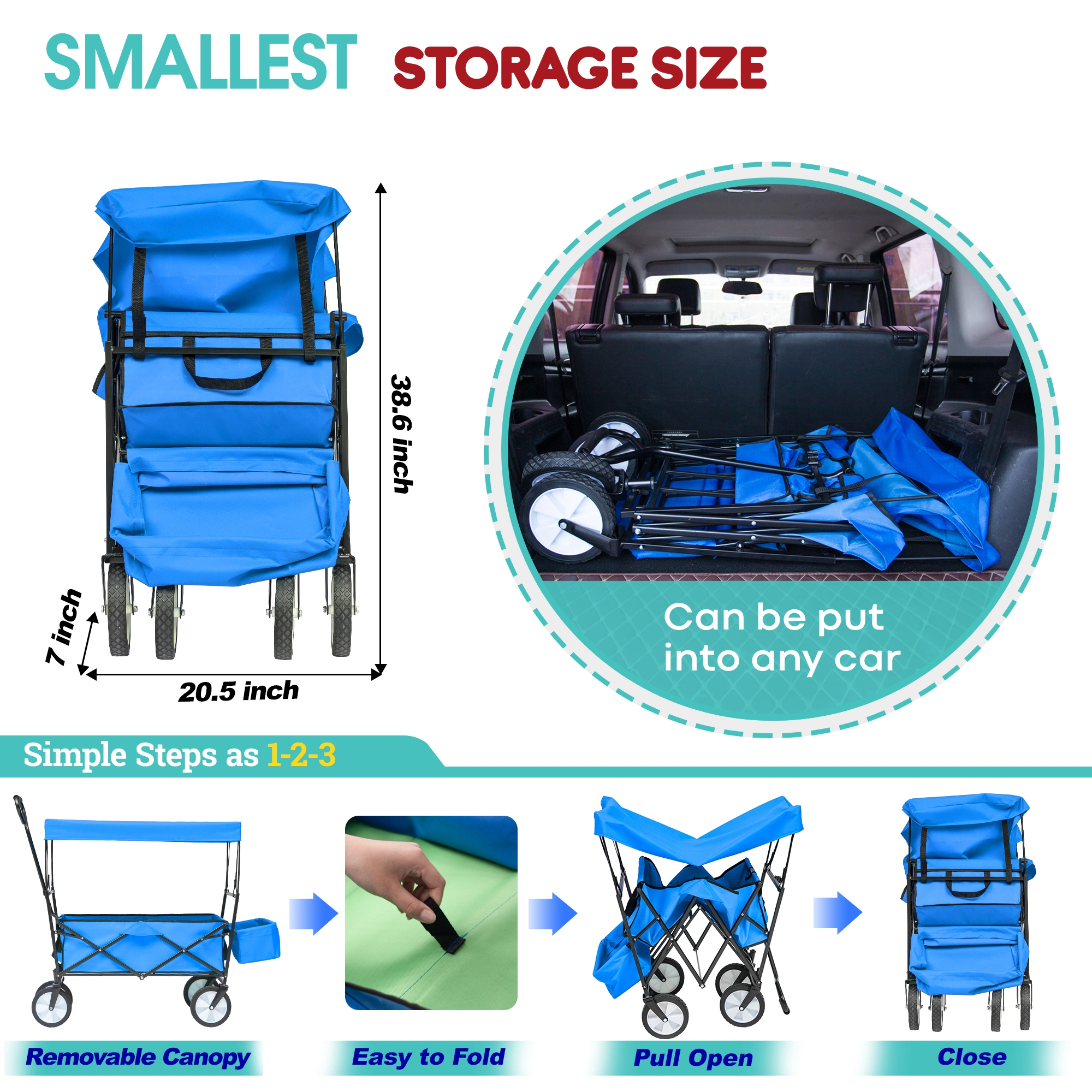 Collapsible Wagon Folding Cart with Canopy Beach Garden Outdoor Sport Utility Cart Wheels Adjustable Handle Rear Storage. Blue 49.2 x 20.5 x 45.27 inches