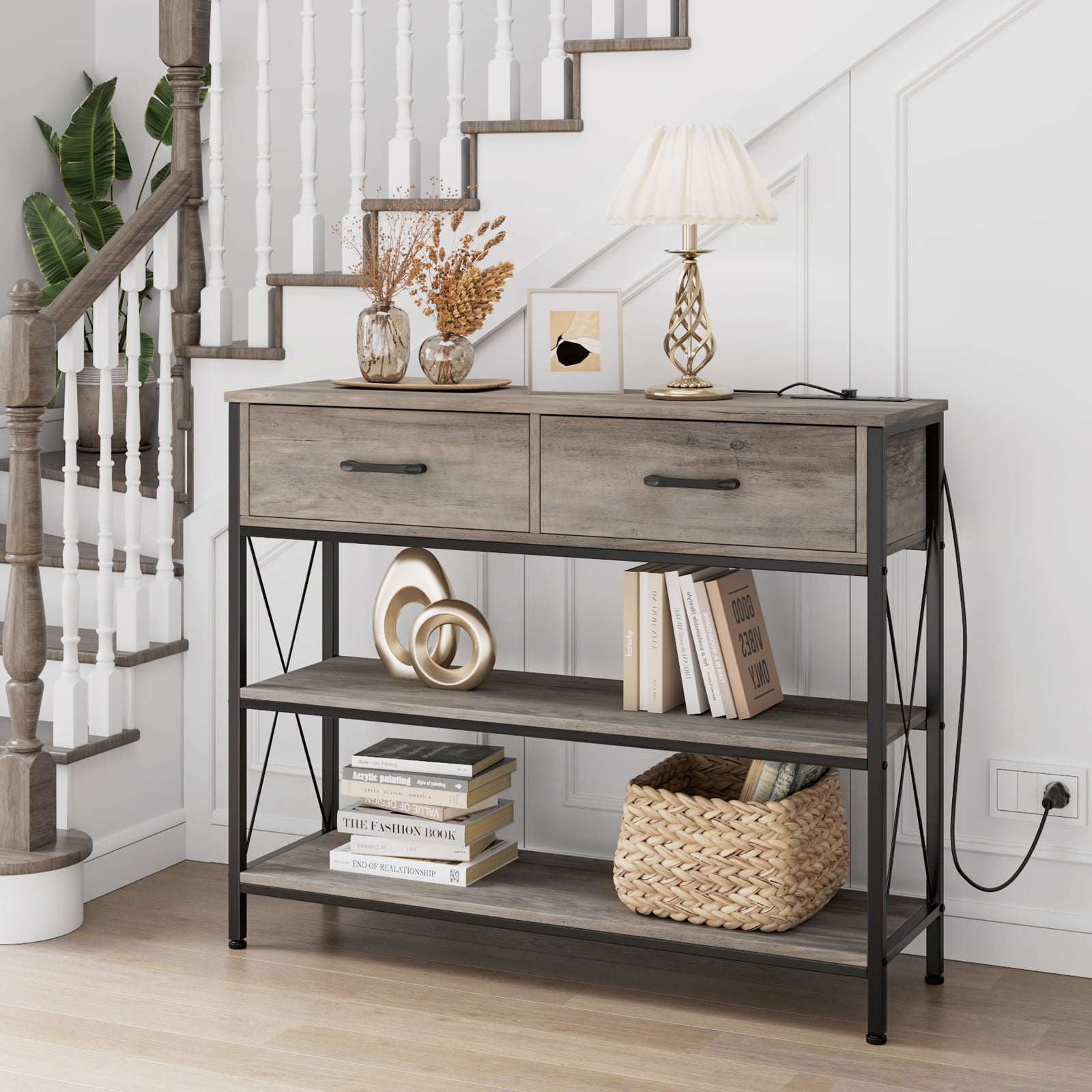 Homfa Console Table. 3 Tier Entryway Table with Drawer. Gray