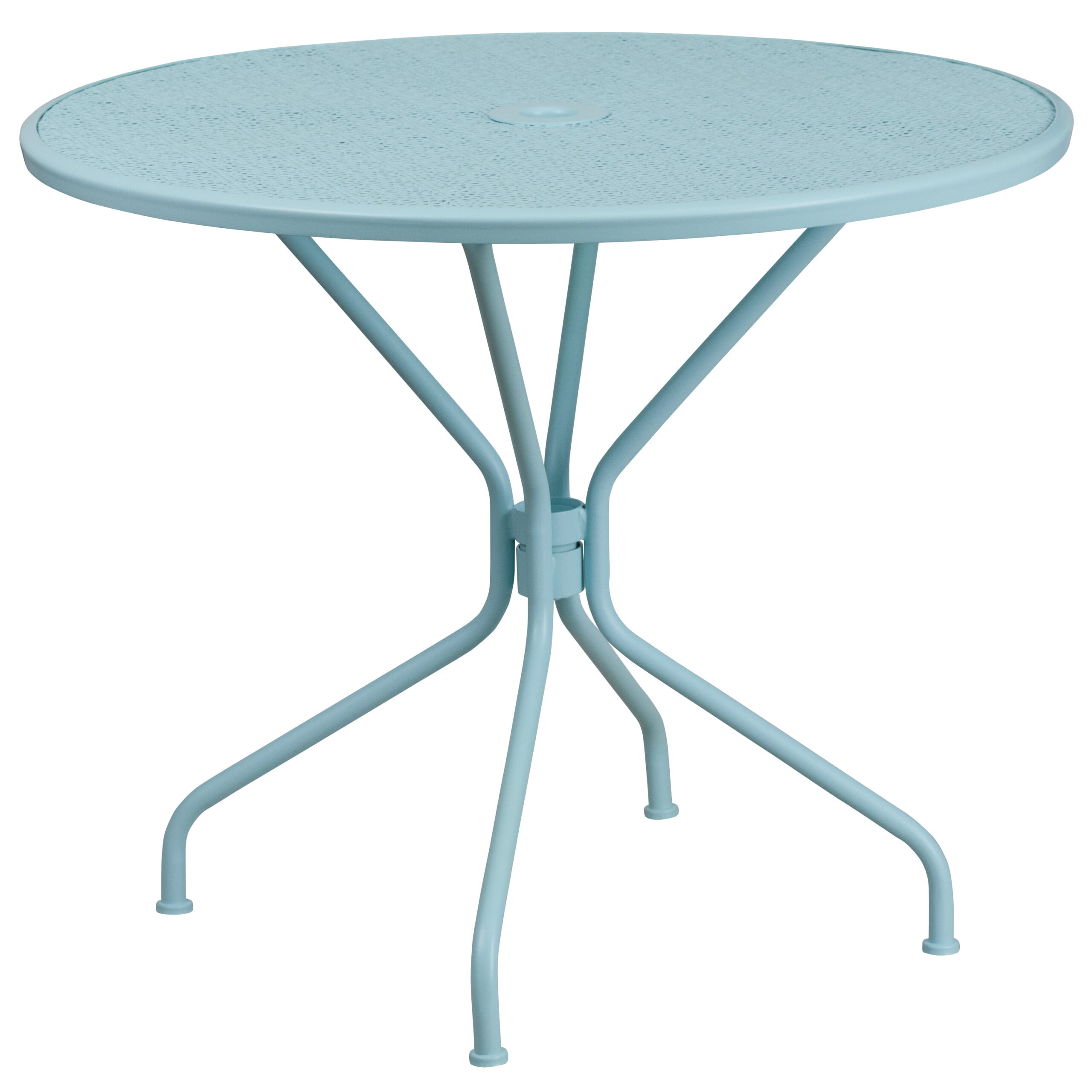 Flash Furniture Oia Commercial Grade 35.25″ Round Sky Blue Indoor-Outdoor Steel Patio Table with Umbrella Hole