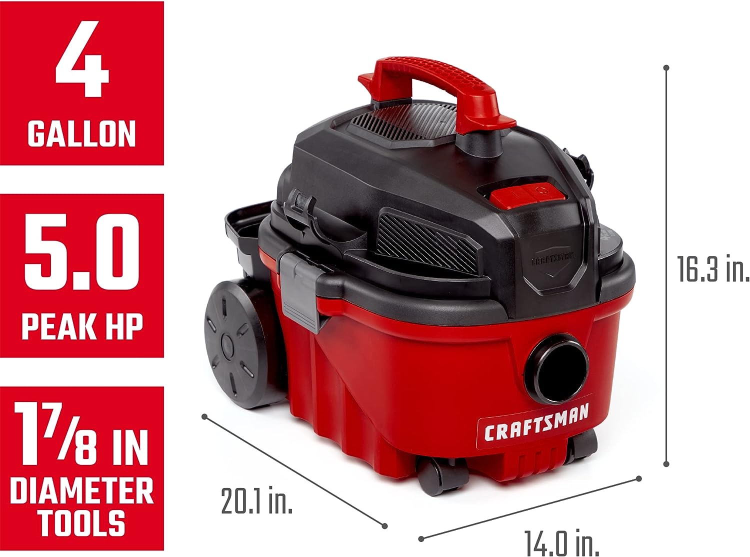 CRAFTSMAN CMXEVBE17040 4 Gallon 5.0 Peak HP Wet/Dry Vac. Portable Shop Vacuum with Attachments. Red