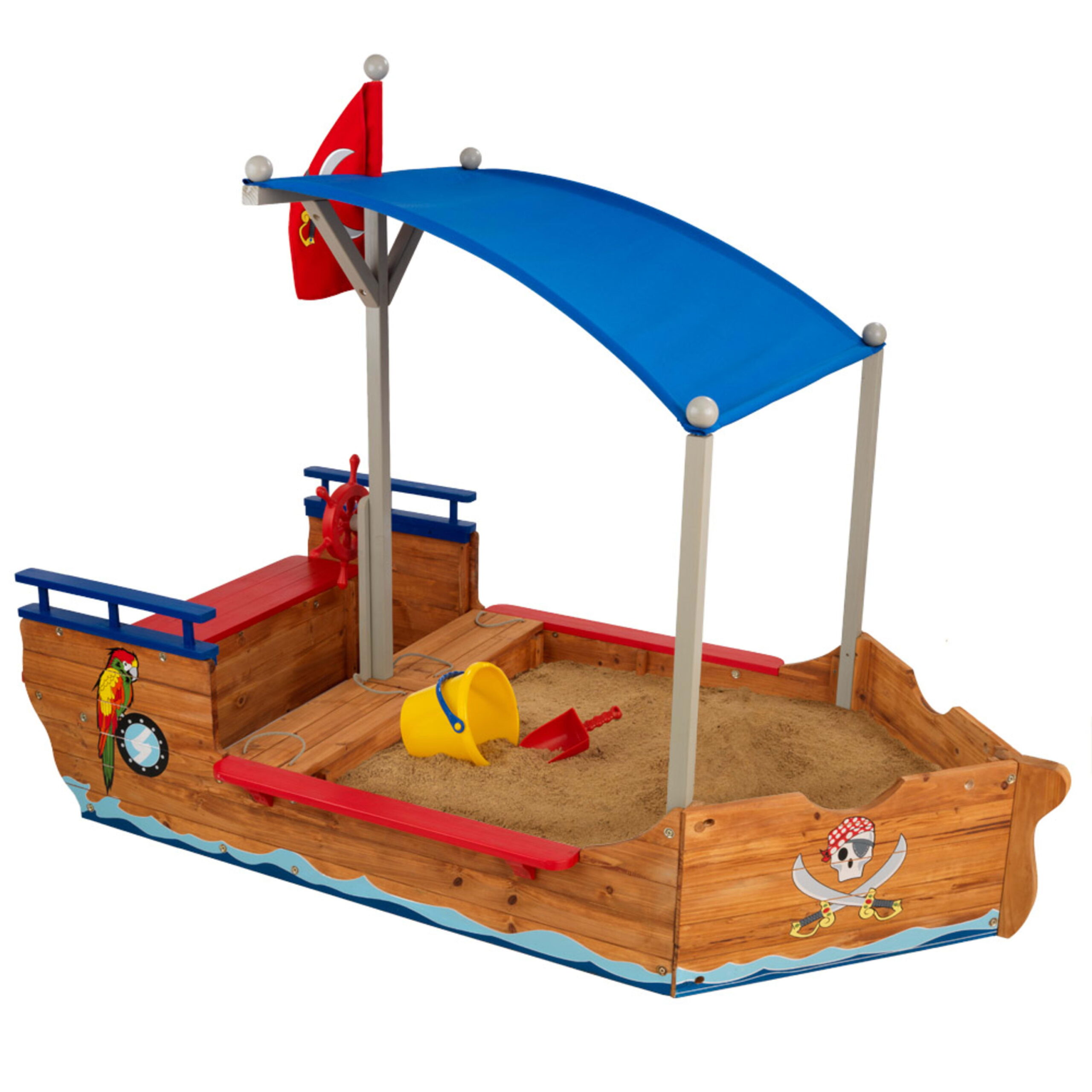KidKraft Wooden Pirate Sandbox with Canopy. Covered Kid-s Sandbox. Blue & Red