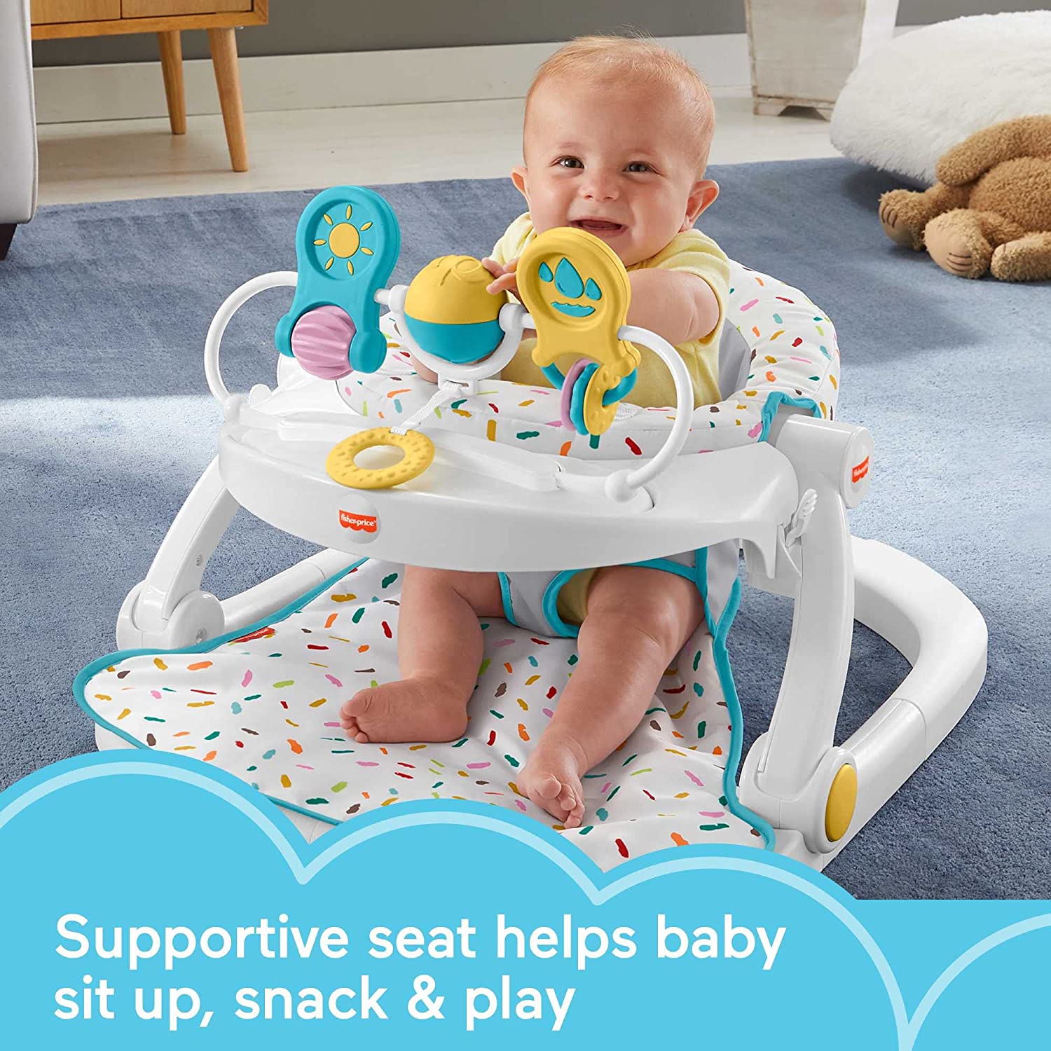 Fisher-Price Portable Infant Chair Deluxe Sit-Me-Up Floor Seat With Snack Tray & Developmental Toys. Rainbow Sprinkles
