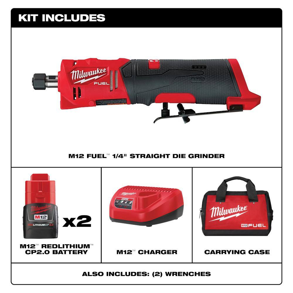 Milwaukee  M12 FUEL 12V Lithium-Ion Brushless Cordless 1/4 in. Straight Die Grinder Kit with Two 2.0 Ah Batteries