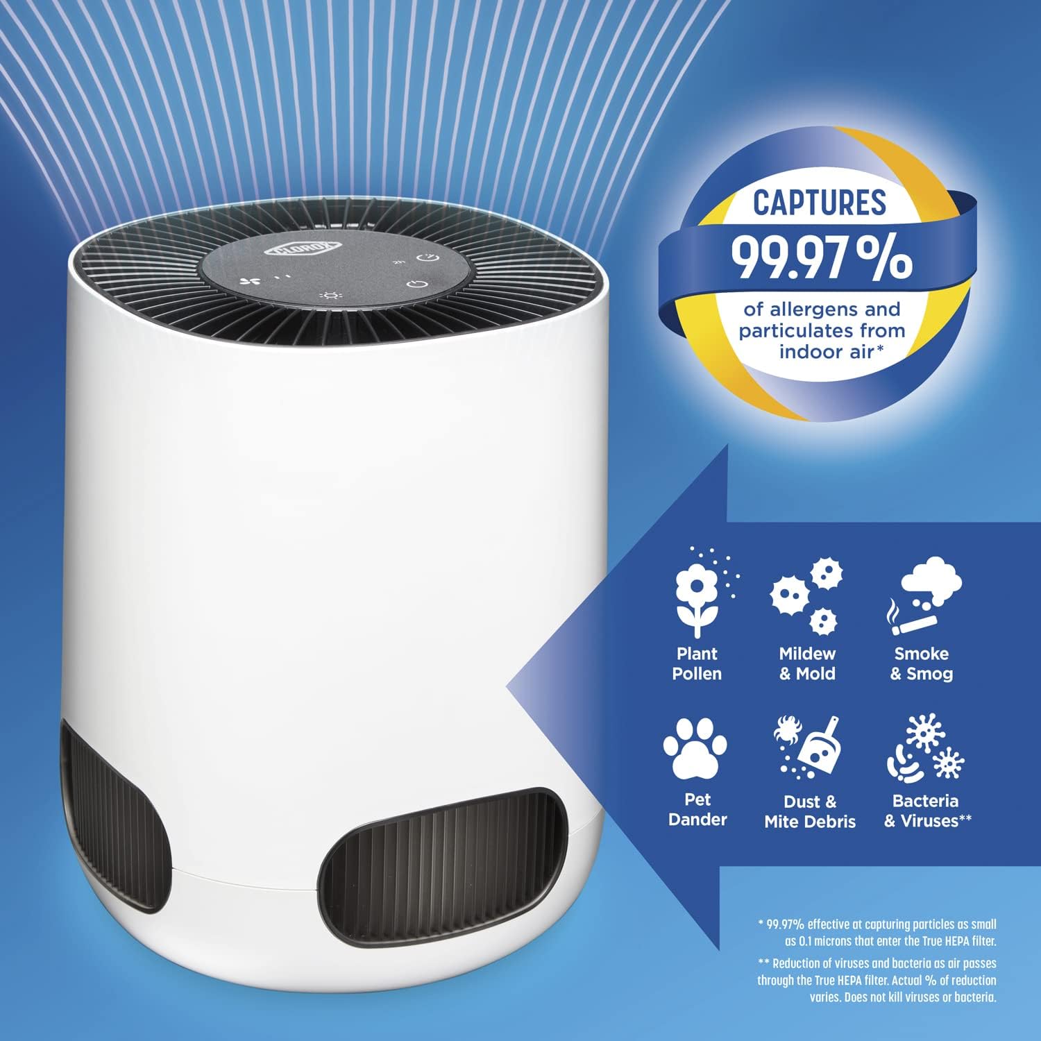 Clorox Air Purifiers for Home. True HEPA Filter. Small Rooms Up to 200 Sq Ft. Removes 99.9% of Mold. Viruses. Wildfire Smoke. Allergens. Pet Allergies. Dust. AUTO Mode. Whisper Quiet