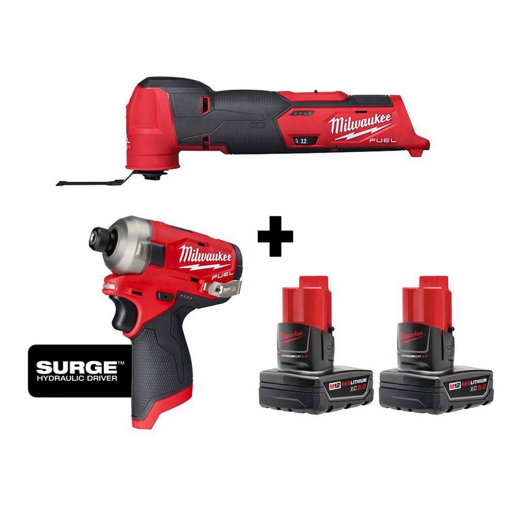 Milwaukee 2526-20-2551-20-48-11-2412 M12 FUEL 12V Lithium-Ion Cordless Oscillating Multi-Tool and Impact Driver with Two 3.0 Ah Batteries