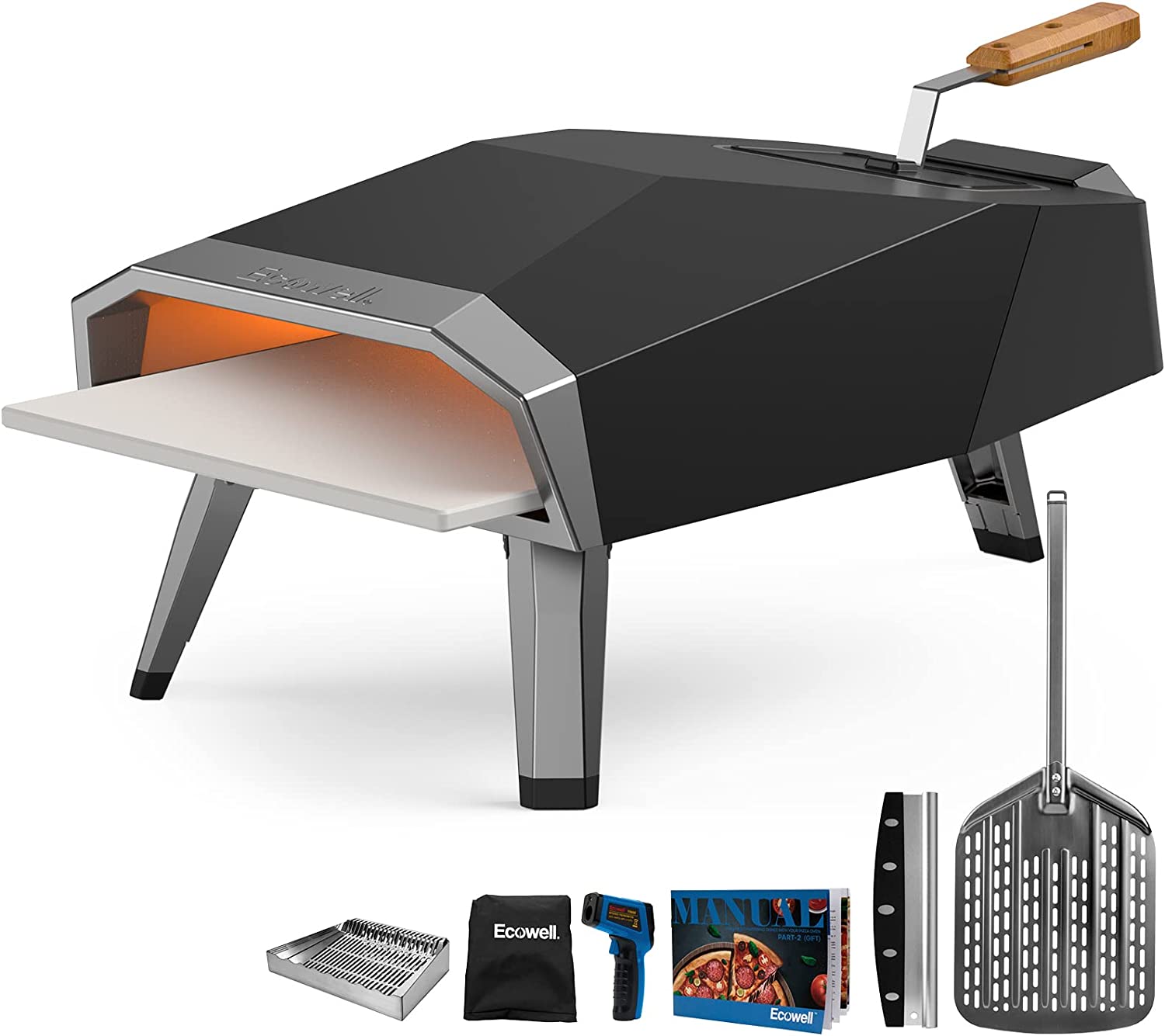 Ecowell EPO12L Outdoor Wood Fired-12 Outside. Pellet Oven with Pizza Stone/Peel/Cutter. Infrared Thermometer and Portable Cover. Black