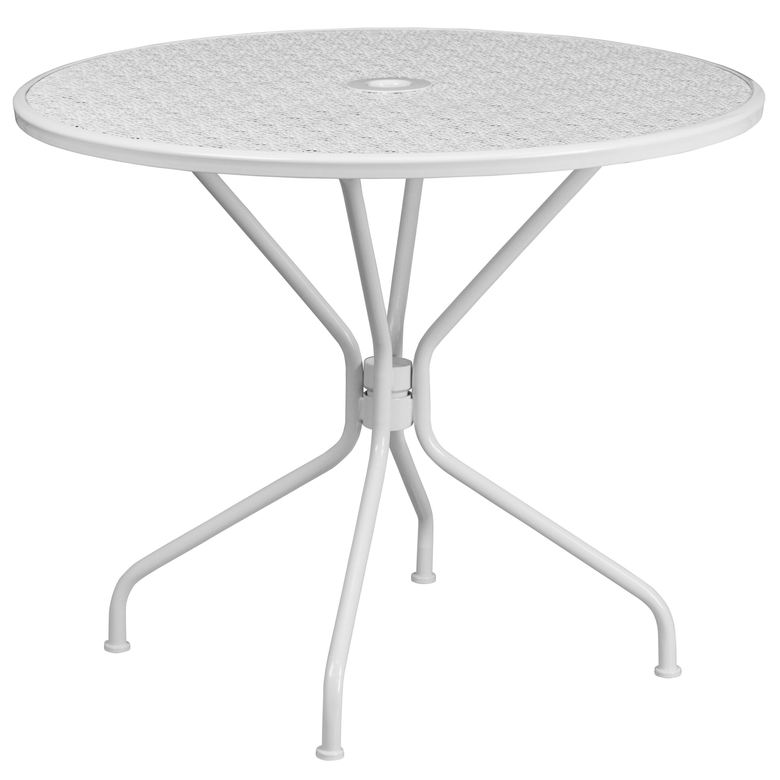 Flash Furniture Commercial Grade 35.25″ Round White Indoor-Outdoor Steel Patio Table with Umbrella Hole