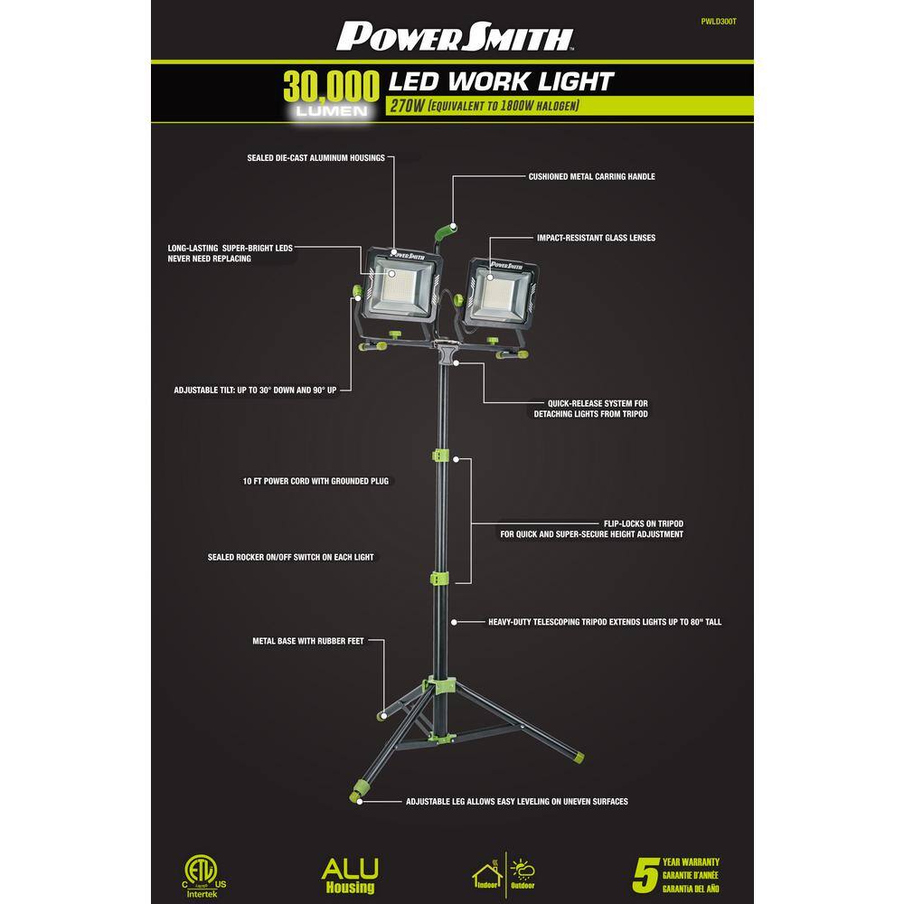 PowerSmith PWLD300T 30.000 Lumens Dual-Head LED Work Light with Tripod