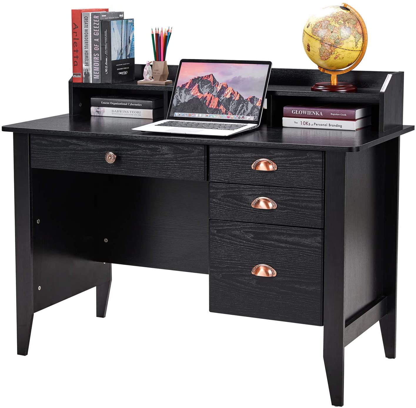Homfa Computer Desk with 4 Drawers and Hutch Shelf. Executive Desk Home Office Desk Writing Sturdy PC Laptop Notebook Desk. Spacious Desktop Vintage Black