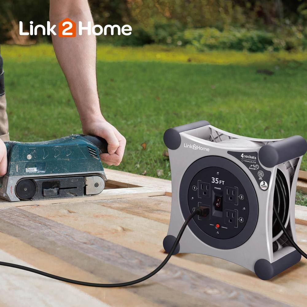 Link2Home EM-EL-350G 35 ft. 14/3 Extension Cord Storage Reel with 4 Grounded Outlets