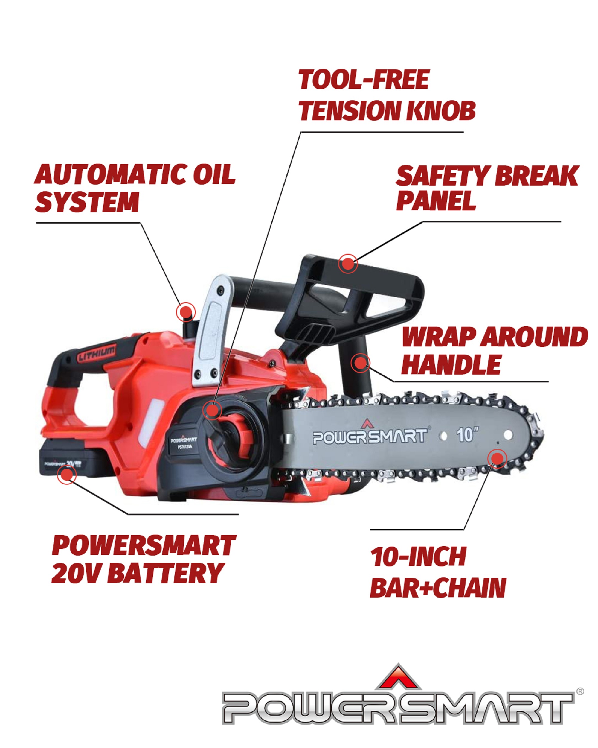 PowerSmart PS76120A 10 inch 20 V Cordless Chain Saw