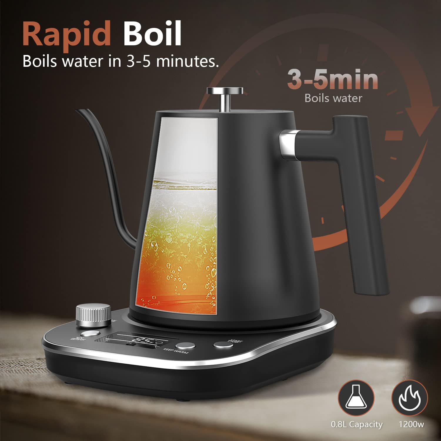 Nicebay Electric Gooseneck Kettle. Electric Kettle with Heating Base with Buttons and LED Display. Pure Stainless Steel Inner Electric Tea Kettle. 1200W Fast Heating. Pour Over Coffee Kettle. 0.8L