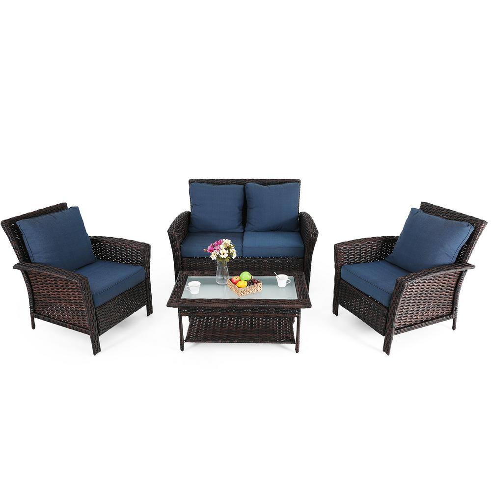 PHI VILLA  Black 4-Pieces Metal Patio Conversation Sectional Seating Set with CushionGuard Blue Cushions