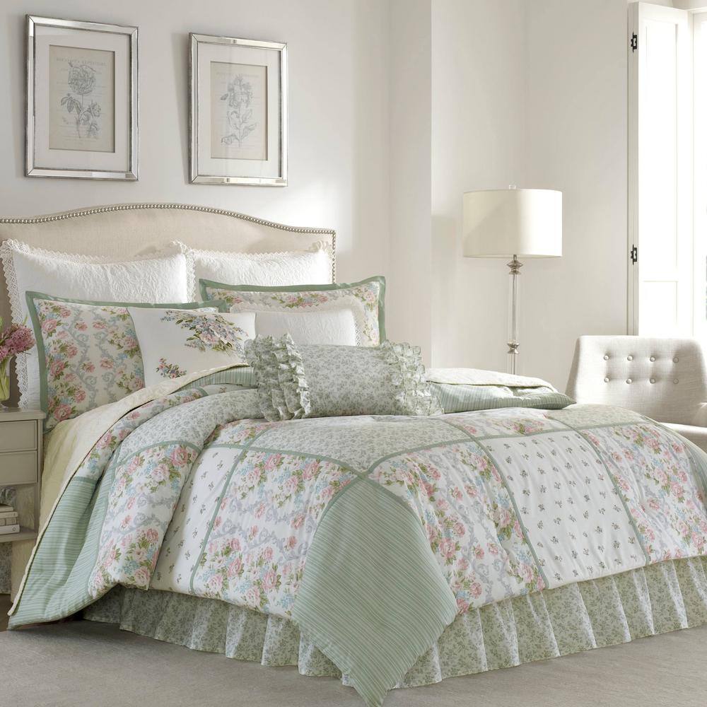 Laura Ashley  Harper 4-Piece Jade Green Floral Cotton Queen Comforter Set