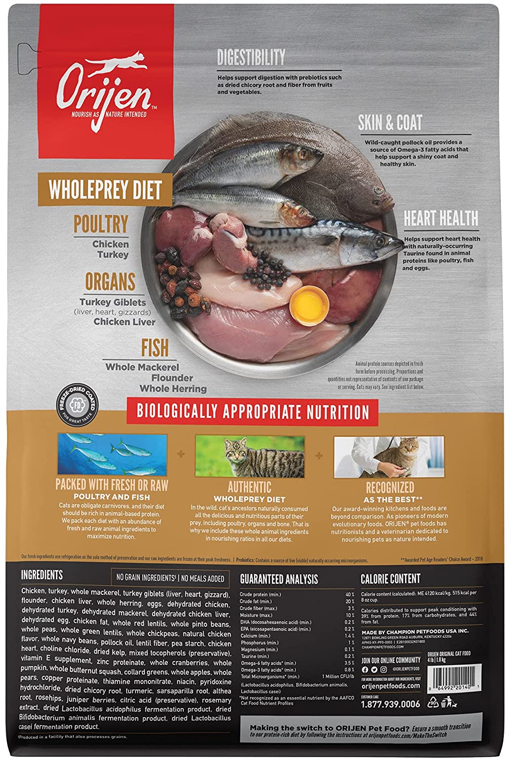 ORIJEN Dry Original Cat Food Premium. High Protein. Fresh & Raw Animal Ingredients. 4lb