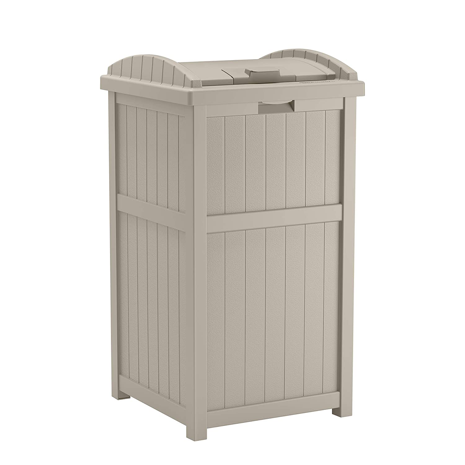 Suncast 33 Gallon Hideaway Trash Can for Patio - Resin Outdoor Trash with Lid - Use in Backyard. Deck. or Patio - Taupe