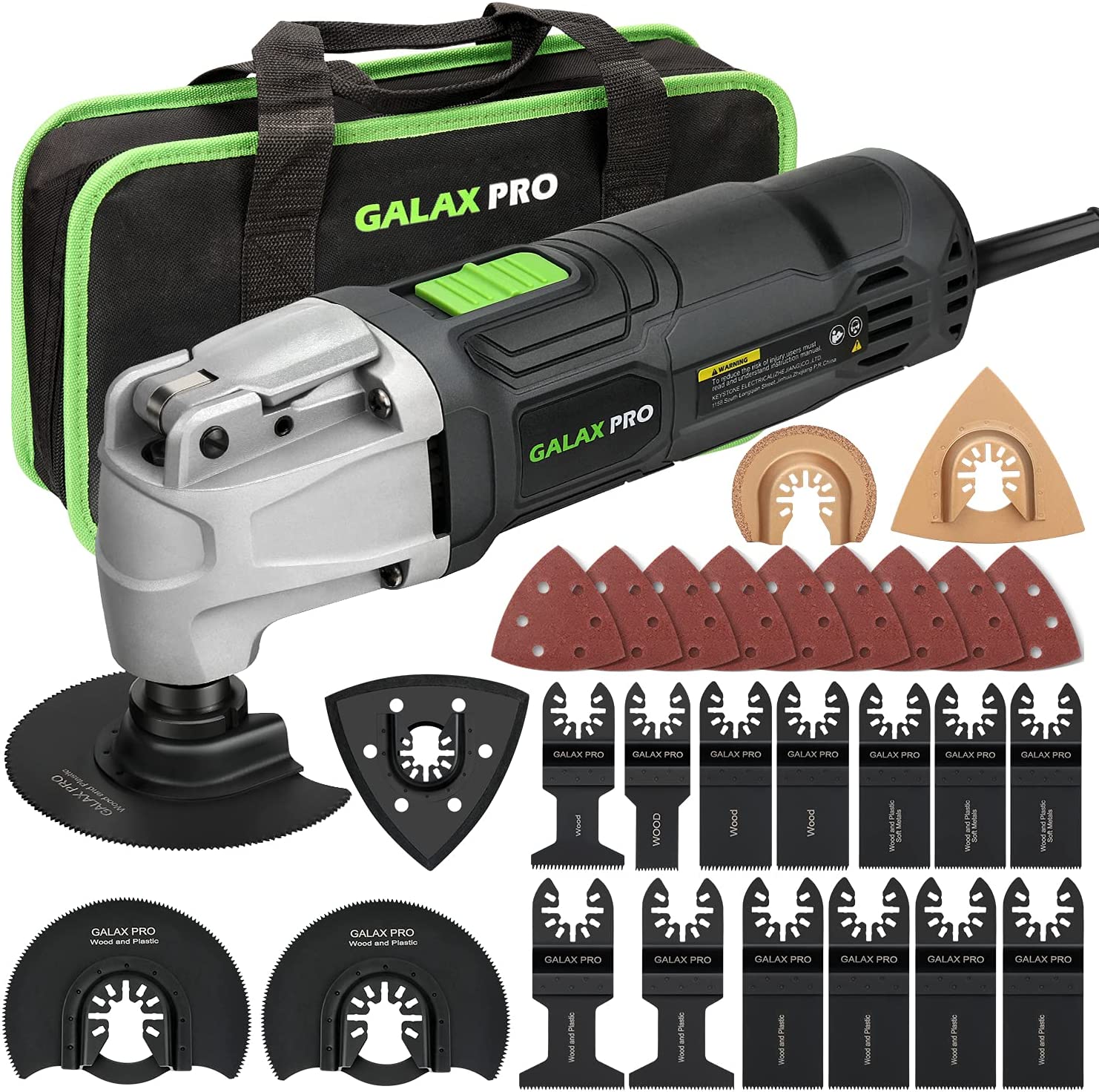 GALAX PRO 2.4Amp 6 Variable Speed Oscillating Multi-Tool Kit with Quick-Lock accessory change. Oscillating Angle:3°. 28pcs Accessories and Carry Bag