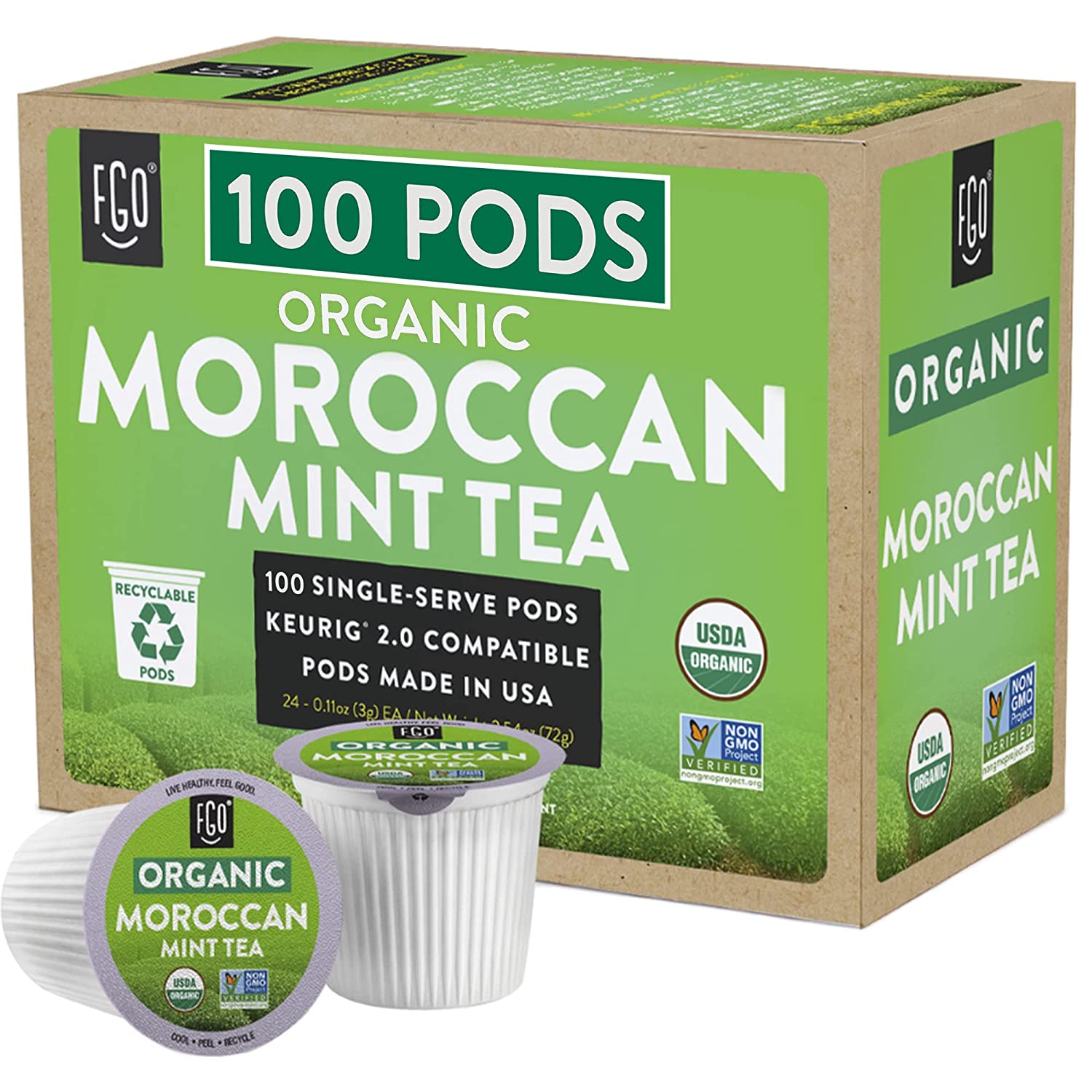 FGO Organic Moroccan Mint K-Cup Pods 100 Pods - Keurig Compatible - Naturally Occurring Caffeine. Premium Moroccan Mint Green Tea is USDA Organic. Non-GMO. & Recyclable