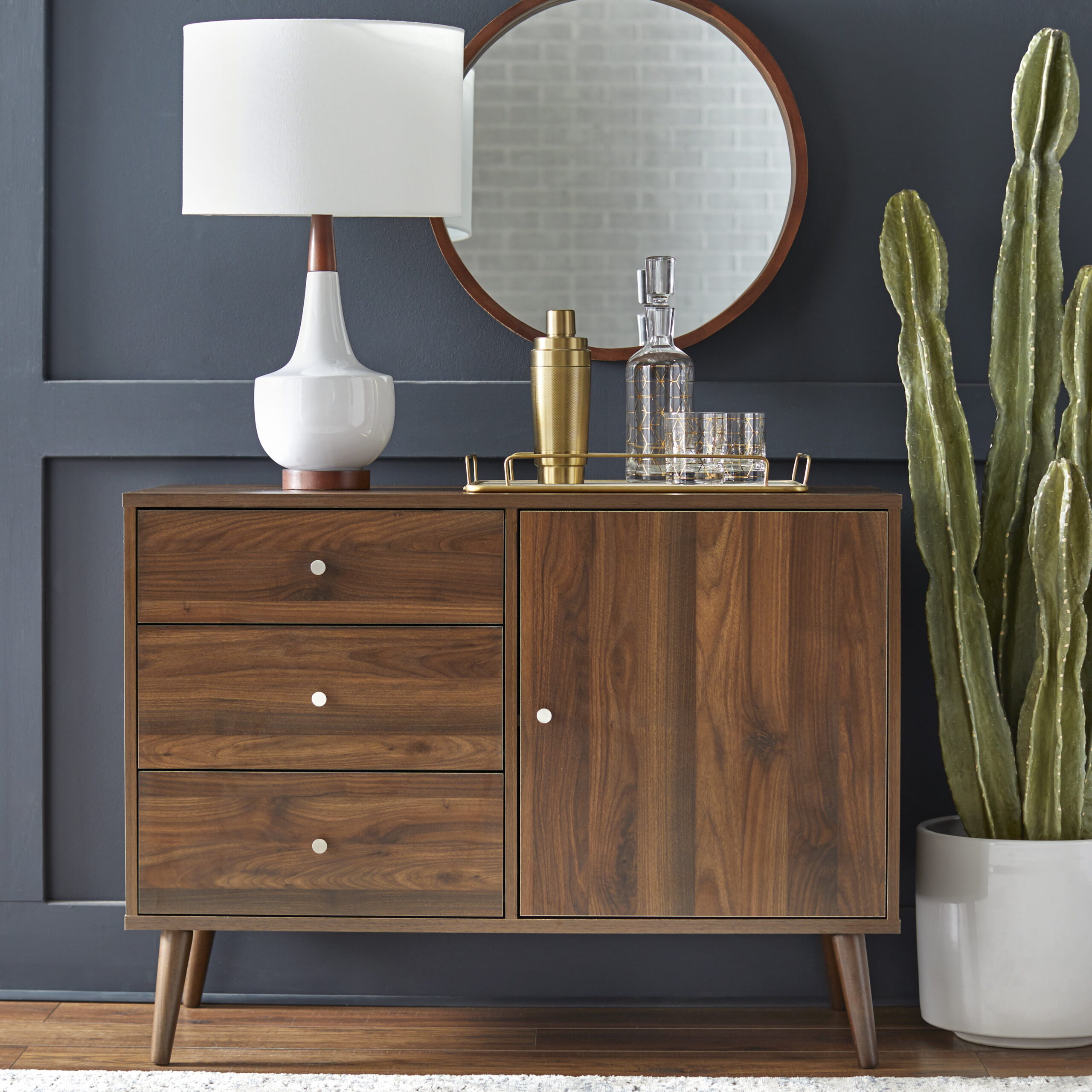 TMS Carroll 40 Wide Mid Century Modern Dining Room Sideboard Buffet. Walnut Finish