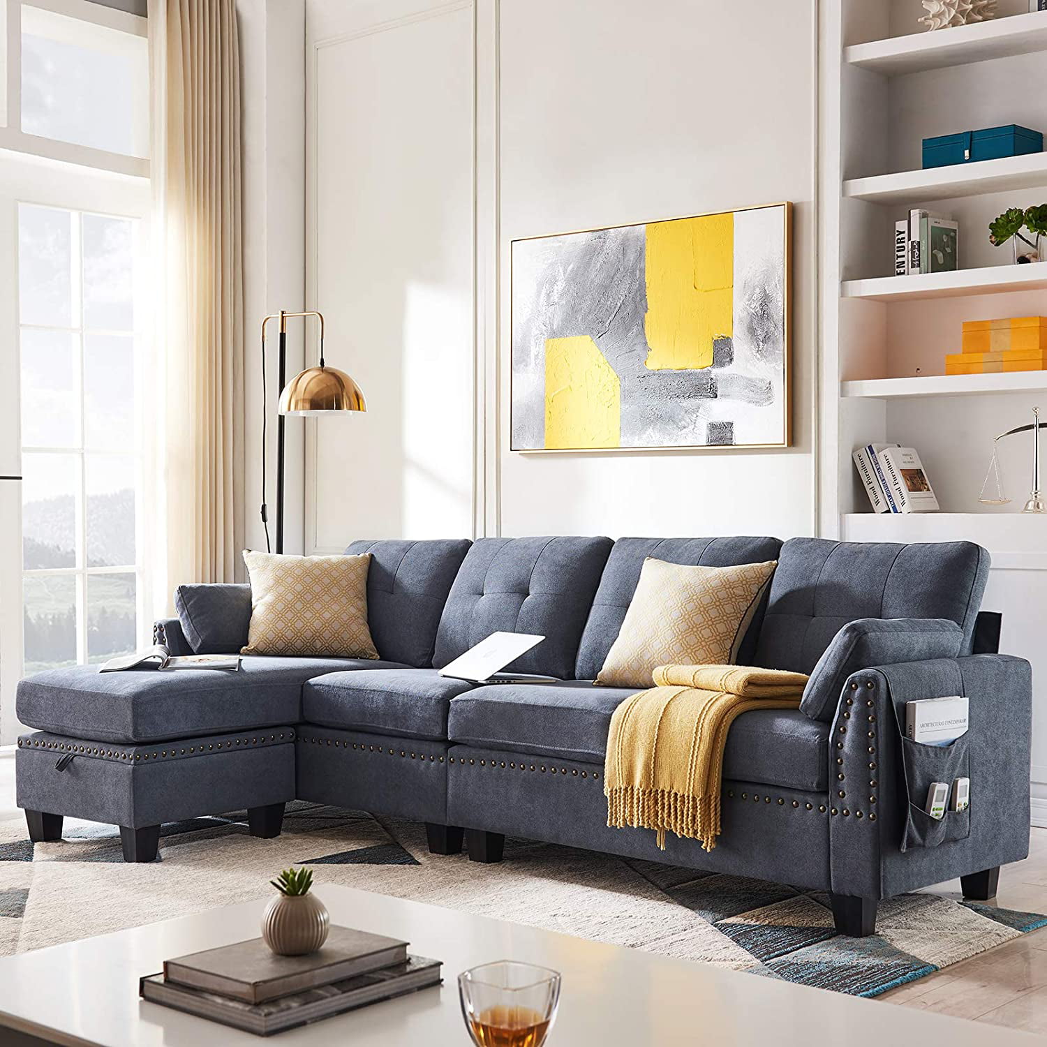 Honbay Sectional Sofa. Bluish Gray Fabric