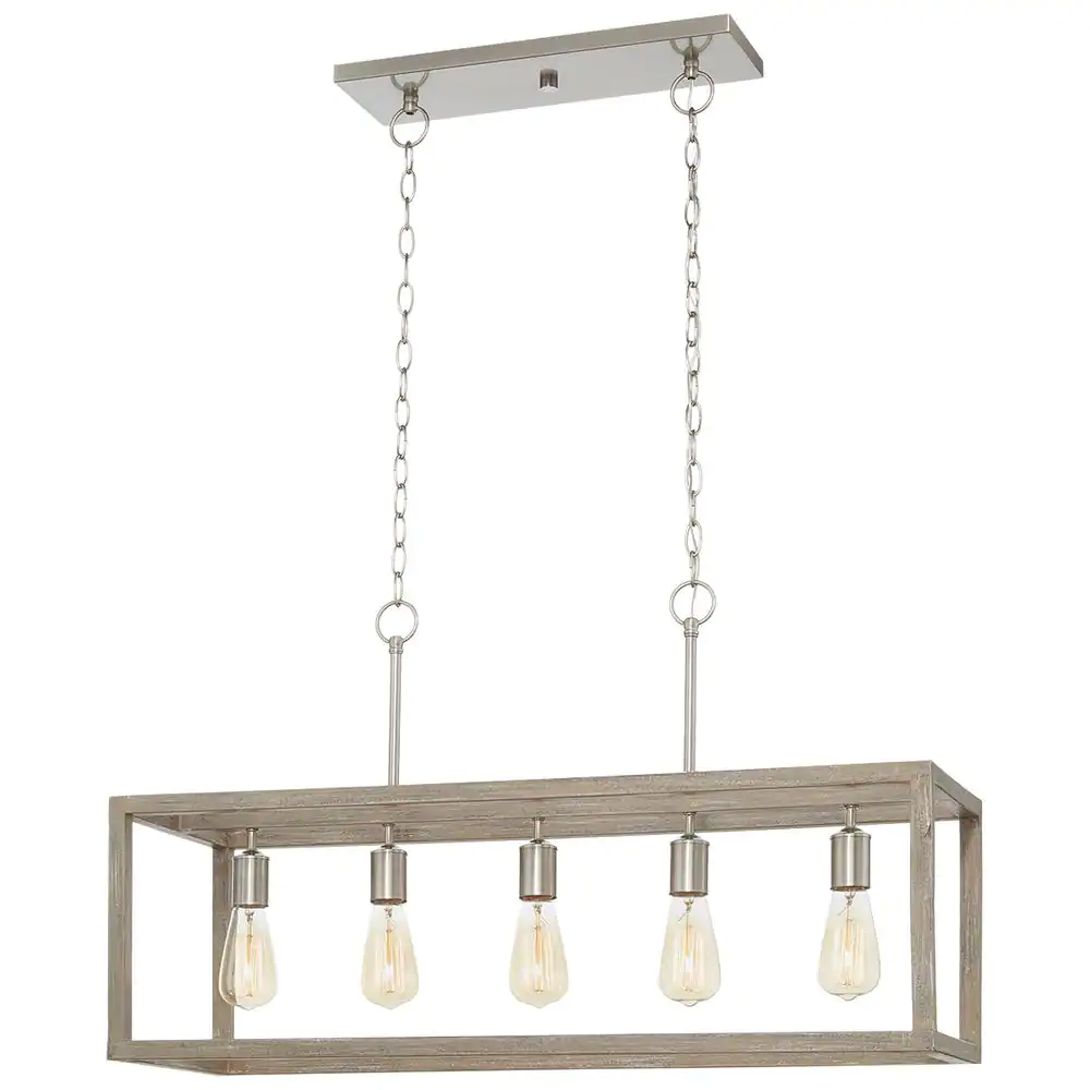 Hampton Bay Boswell 7965HBBNDI Quarter 34 in. 5-Light Brushed Nickel Farmhouse Linear Chandelier with Weathered Wood Accents