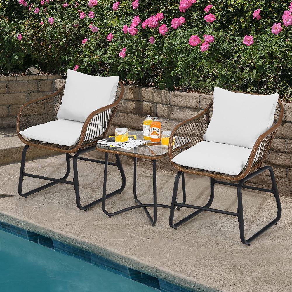 Costway  18.5 in. Brown 3-Piece Patio Wicker Square Outdoor Bistro Set with White Cushions