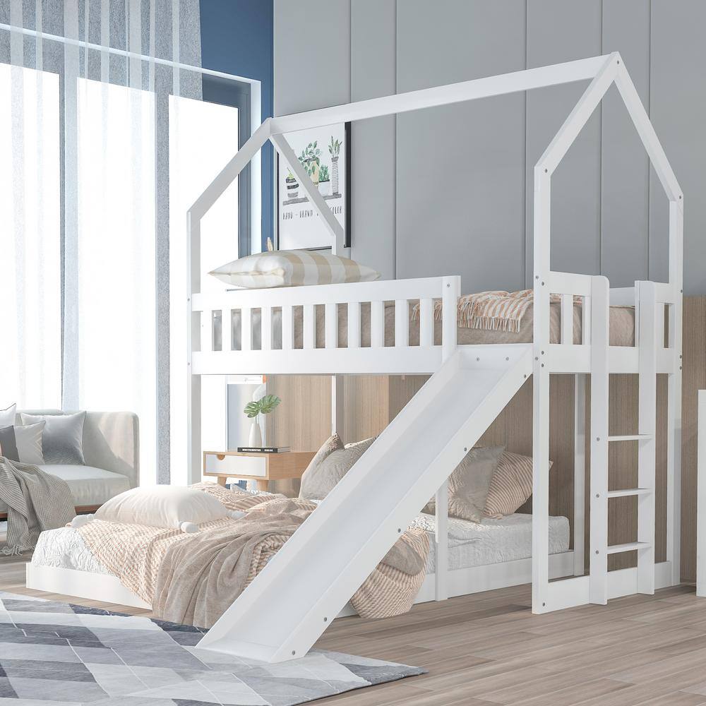 Harper & Bright Designs  White Twin over Full Wood House Bunk Bed with Built-in Ladder and Slide