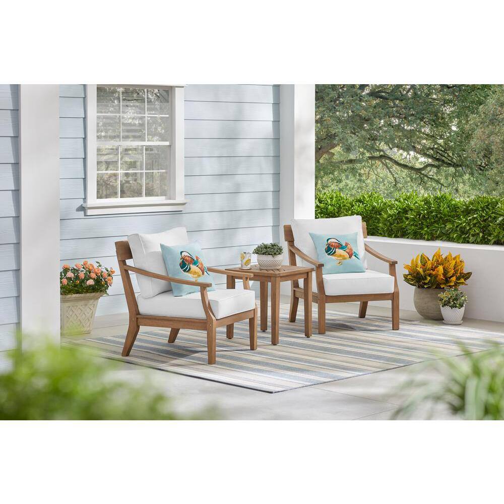 Hampton Bay  Woodford 3-Piece Eucalyptus Wood Square Outdoor Bistro Set with Cushion Guard Bright White Cushions