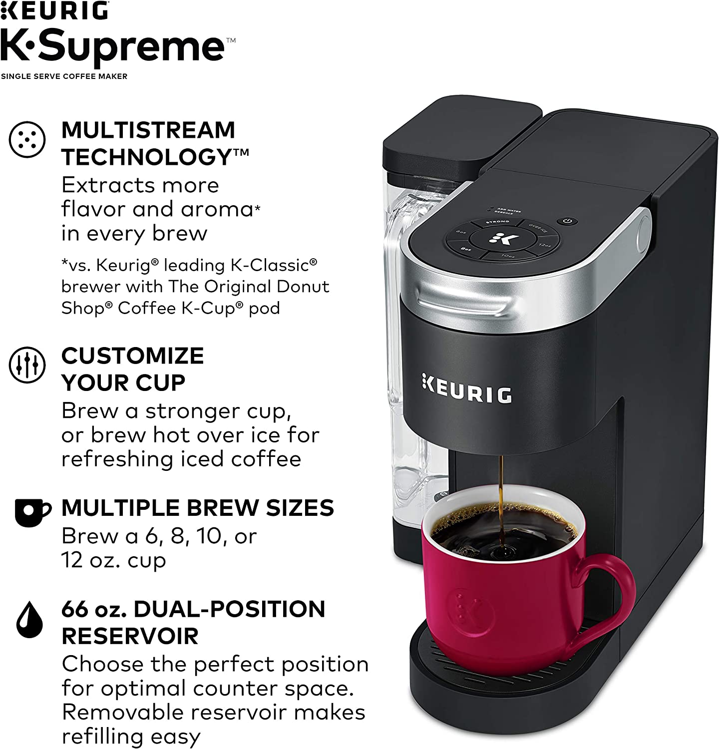 Keurig K-Supreme Coffee Maker. Single Serve K-Cup Pod Coffee Brewer. With MultiStream Technology. 66 Oz Dual-Position Reservoir. and Customizable Settings. Black