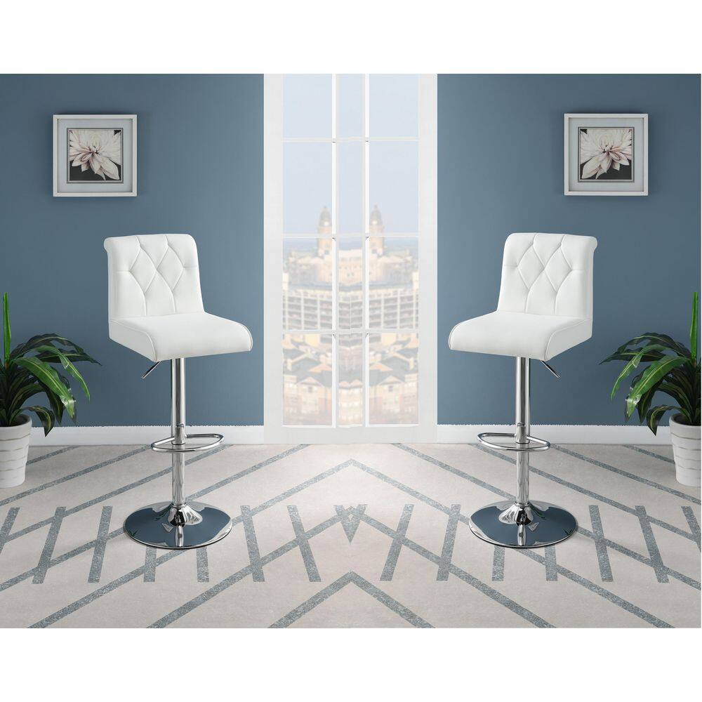 GOJANE  46 in. White High Back Metal Modern Faux Leather Tufted Chrome Base Adjustable Bar Stool (Set of 2)